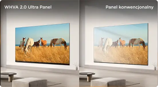 Obraz przedstawia dwa telewizory wyświetlające tę samą scenę z końmi na polu. Po lewej stronie widoczny jest napis \'WHVA 2.0 Ultra Panel\', a po prawej \'Panel konwencjonalny\'.