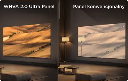 Obraz przedstawia dwa telewizory wyświetlające krajobraz z polami, z podpisami \'WHVA 2.0 Ultra Panel\' i \'Panel konwencjonalny\'.