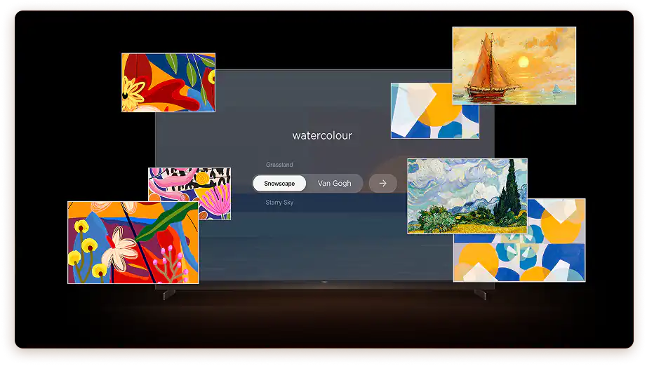 Telewizor wyświetla ekran z napisem \'watercolour\' oraz opcjami \'Grassland\', \'Snowscape\', \'Van Gogh\', \'Starry Sky\'. Wokół ekranu widoczne są różnorodne kolorowe obrazy i grafiki.