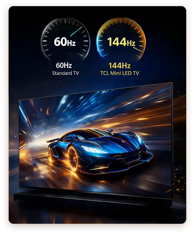 Telewizor TCL Mini LED (Light Emitting Diode) z autem wyścigowym oraz ikony liczników 60Hz (Herc) i 144Hz