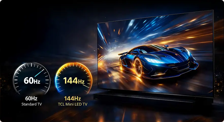 Telewizor TCL Mini LED (Light Emitting Diode) z autem wyścigowym oraz ikony liczników 60Hz (Herc) i 144Hz
