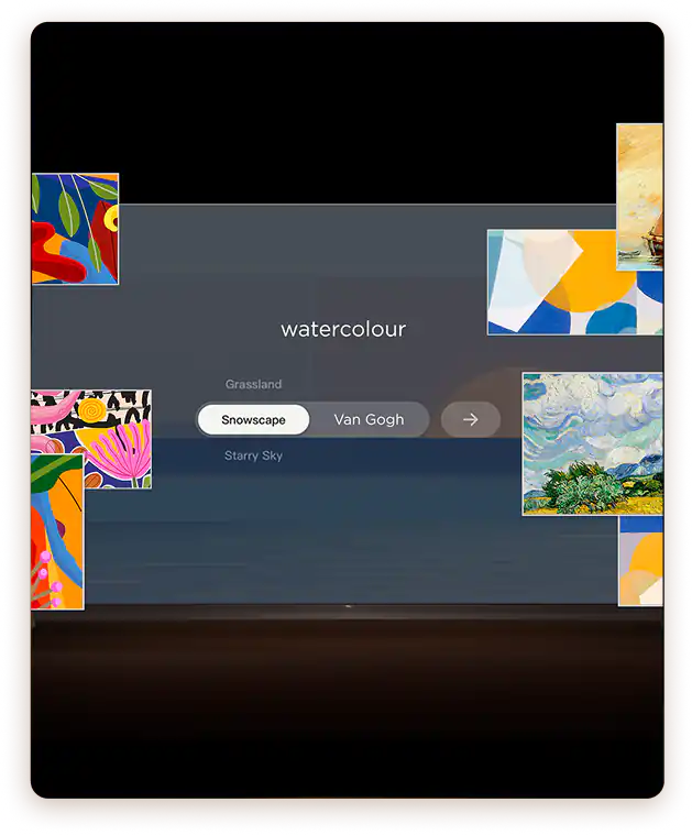 Menu telewizora z napisem watercolour otoczone miniaturami obrazów, w tym pejzażem Van Gogha i żaglowcem