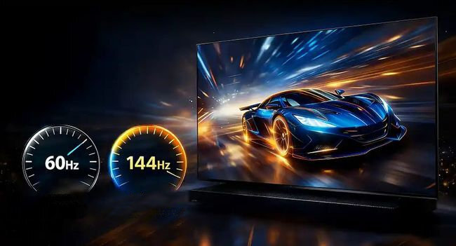 Obraz przedstawia telewizor wyświetlający dynamiczną scenę z wyścigowym samochodem. Obok widoczne są dwa wskaźniki z napisami \'60Hz\' i \'144Hz\'.