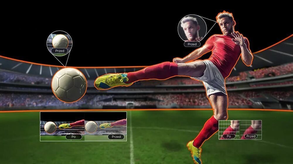 TCL 85RM9L AI ContrastMaster głębia obrazu HDR, osoba grająca w piłkę na stadionie