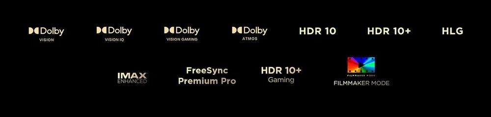 TCL 85RM9L Dolby Vision HDR10 IMAX certyfikaty obraz, loga standardów obrazu na czarnym tle