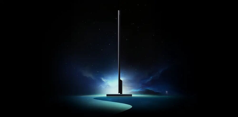 TCL 85RM9L smukły design Mini LED elegancki telewizor, telewizor bokiem na czarnym tle