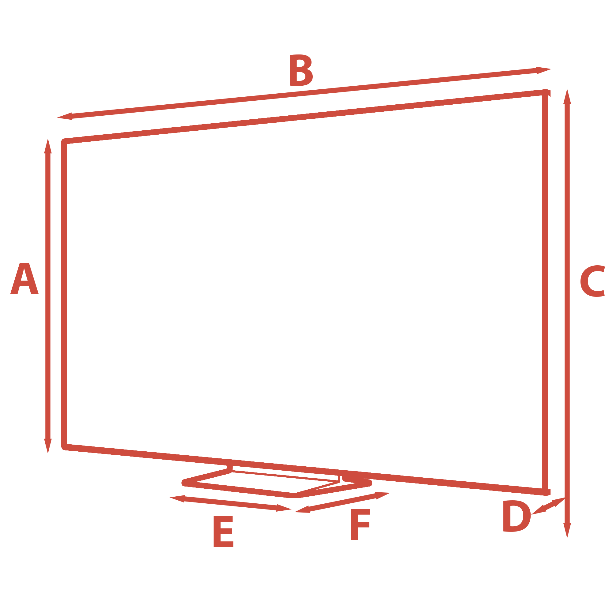 Schemat telewizora z oznaczeniami wymiarów: A, B, C, D, E, F. Linia obrysu i oznaczenia są w kolorze czerwonym.