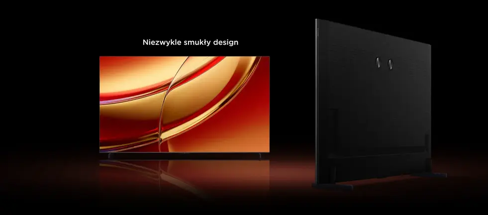 Obraz przedstawia telewizor z wyświetlaczem o złotych i czerwonych odcieniach oraz jego tylną część. Na górze widoczny jest tekst: \'Niezwykle smukły design\'.