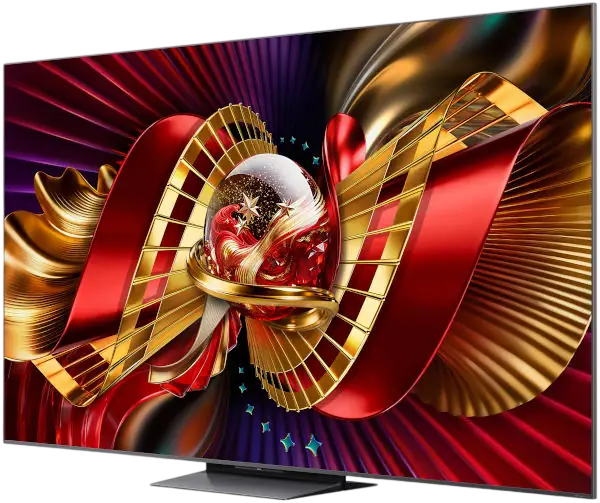 Telewizor wyświetla kolorową grafikę z elementami złota, czerwieni i fioletu, przedstawiającą abstrakcyjne kształty i wzory.