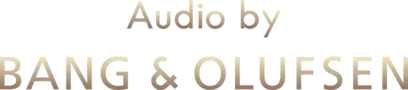 Elegancki, złoty tekst z napisem Audio by Bang & Olufsen na czystym tle, o luksusowym wykończeniu.