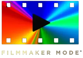 Kolorowy gradient z czarnym trójkątem na środku, przypominającym przycisk odtwarzania, z napisem \'FILMMAKER MODE\' poniżej.