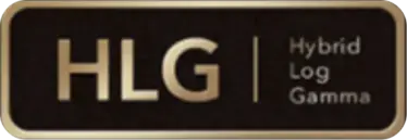 Prostokątna ikona z napisem \'HLG | Hybrid Log Gamma\' w złotym kolorze na ciemnym tle.