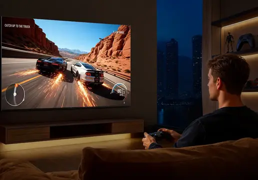 Osoba siedzi na kanapie i gra na konsoli, patrząc na duży telewizor, na którym wyświetlana jest dynamiczna scena wyścigu samochodowego. W tle widać oświetlone miasto nocą.
