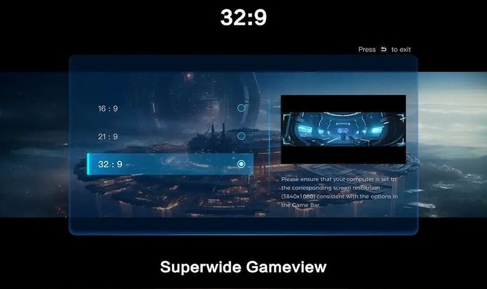 Obraz przedstawia ekran z ustawieniami proporcji obrazu: 16:9, 21:9 i 32:9, z zaznaczoną opcją 32:9. Na dole widnieje napis \'Superwide Gameview\'.