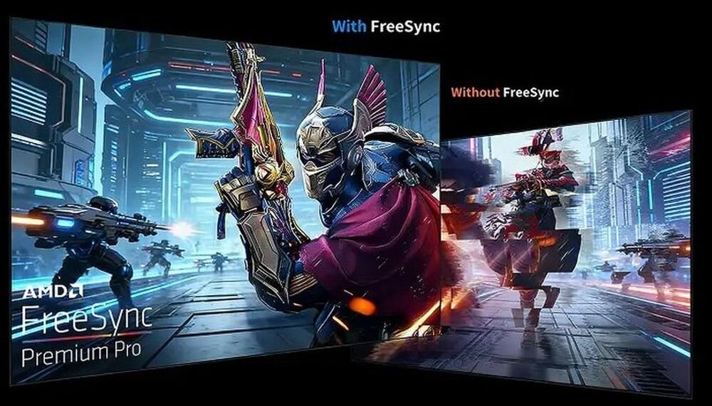 Obraz przedstawia porównanie jakości grafiki z technologią FreeSync i bez niej. Po lewej stronie widoczny jest napis \'AMD FreeSync Premium Pro\'.