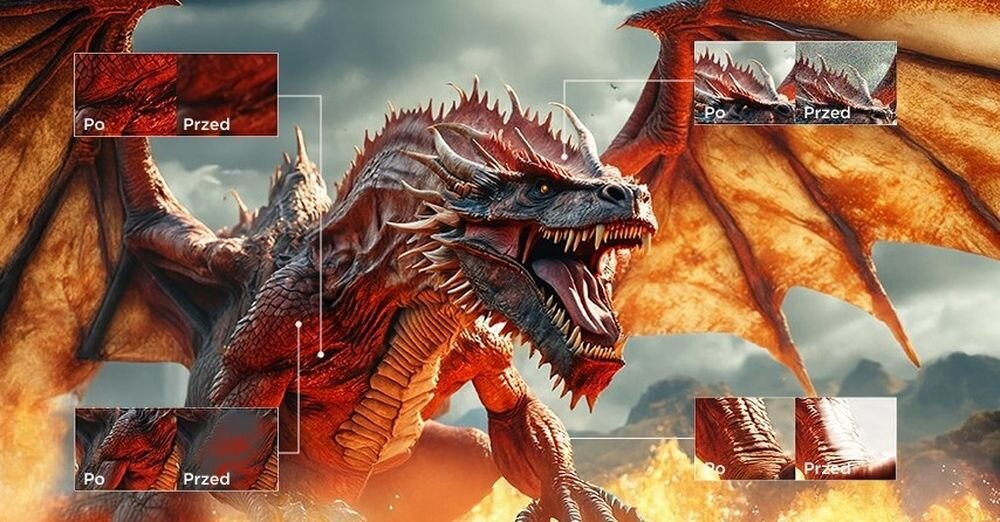 TCL 85A400 Pro AI obraz redukcja szumów ostrość HDR Conversion ekran TV jakość obrazu, wizualizacja smoka