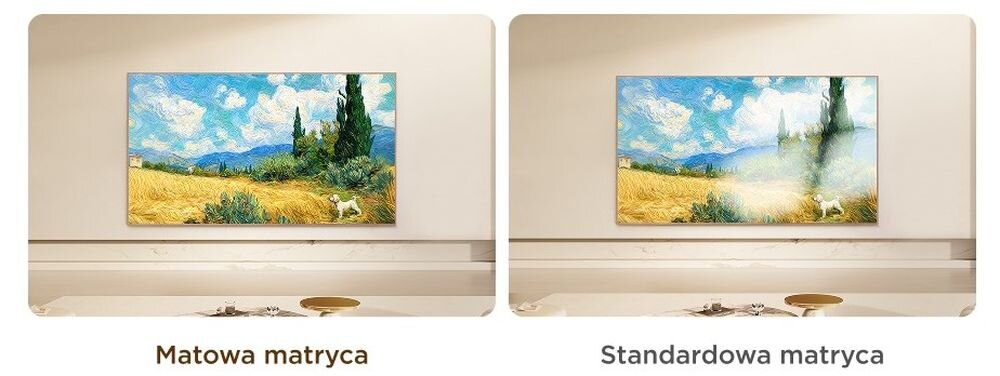 TCL 85A400 Pro matowa matryca HVA antyrefleksyjna ekran art TV widoczność w jasnym pomieszczeniu, telewizor zawieszony na ścianie w pomieszczeniu