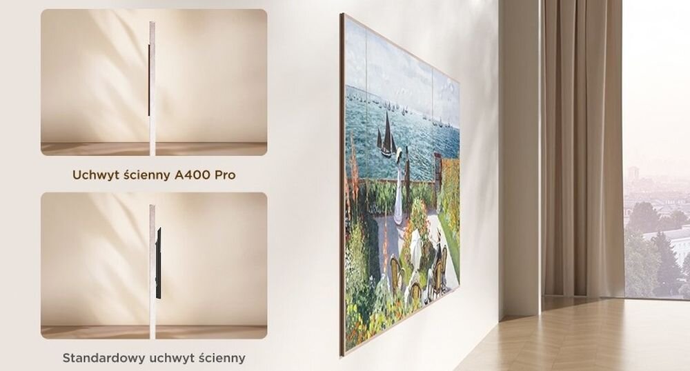 TCL 85A400 Pro ultra slim montaż ścienny efekt płaskiej ściany art TV integracja wnętrze, telewizor zawieszony na ścianie w pomieszczeniu