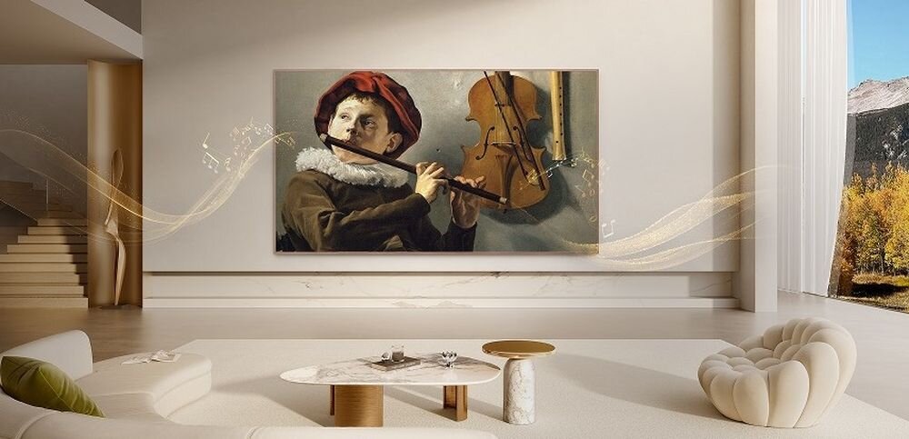 TCL 65A400 Pro ONKYO 2.0 Dolby Atmos dźwięk przestrzenny kino domowe ekran TV audio, telewizor zawieszony na ścianie w pomieszczeniu