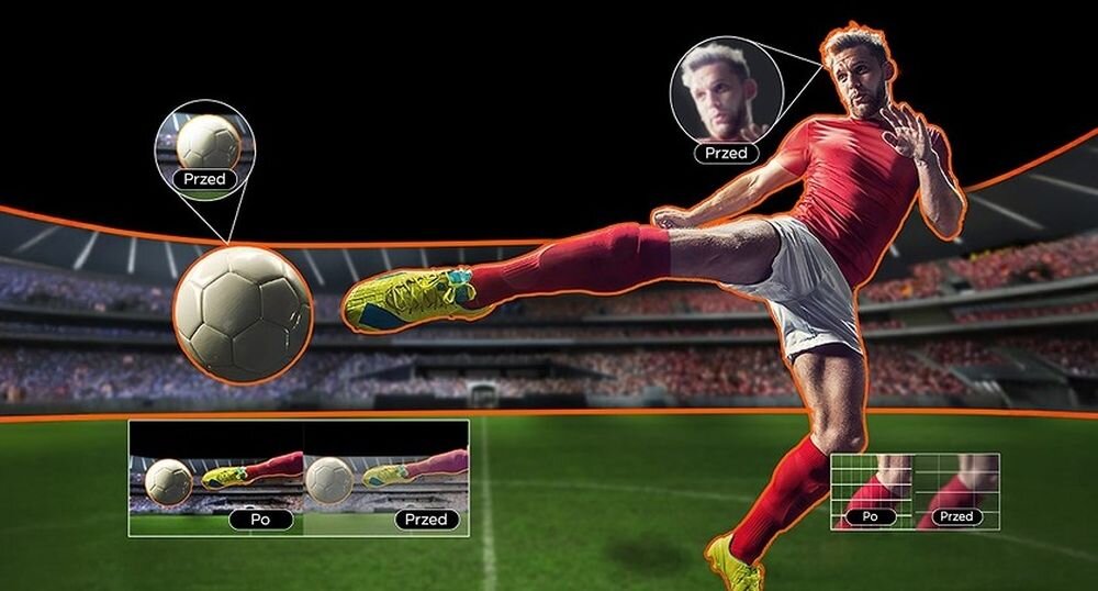 TCL 65A400 Pro AI Depth kontrast światło cień głębia obrazu ekran TV detale, osoba przyjmująca piłkę na stadionie