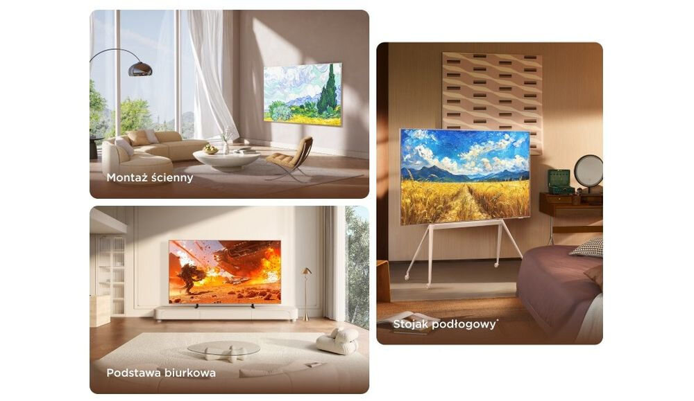 TCL 55A400 Pro trzy opcje montażu ściana biurko stojak podłogowy elastyczna instalacja art TV, trzy typy montażu telewizora