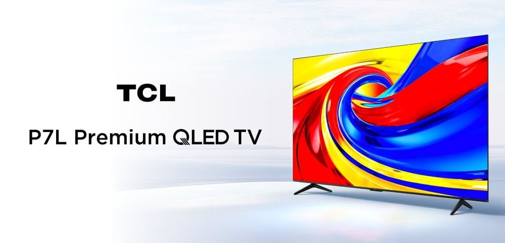 Telewizor TCL 75P7L kinowe doświadczenie inteligentny system rozrywki QLED 75 cali, telewizor po skosie na jasnym tle