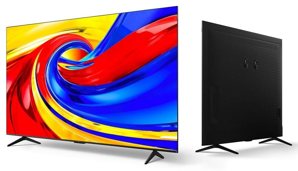 Telewizor TCL 75P7L smukły design montaż ścienny minimalistyczny salon, telewizor po skosie oraz od tylu na białym tle