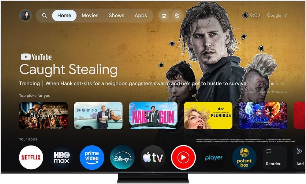 Telewizor TCL 50P7L Google TV Chromecast AirPlay 2 aplikacje streaming, telewizor od frontu na białym tle