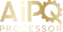 Złote literowe logo z napisem AiPQ Processor. Q stylizowane na koło zębate 