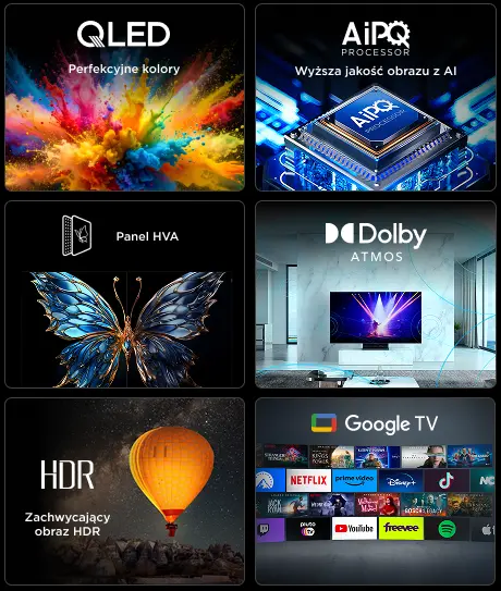Funkcje TCL T69C: QLED, procesor AiPQ, HDR, Panel HVA, Dolby Atmos, Google TV z aplikacjami streamingowymi.