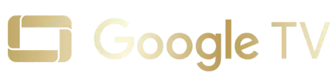 Złote logo Google Tv przedstawiające ikonę ekranu obok napisu Google Tv.