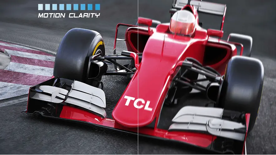 Porównanie obrazu bolidu F1 – technologia Motion Clarity TCL T69C eliminuje rozmycie podczas szybkich scen.