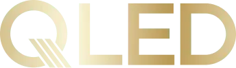 Elegancki, złoty logotyp Qled, symbolizujący wysoką jakość obrazu.