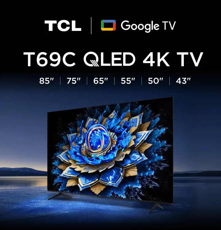 Telewizor TCL T69C QLED 4K z Google TV – dostępny w rozmiarach 43–85 cali, wyświetlający barwną grafikę kwiatową.