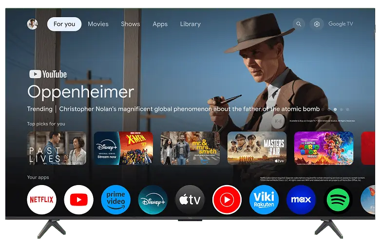 Interfejs Google TV na ekranie TCL T69C z aplikacjami Netflix, YouTube, Disney+, Apple TV i innymi serwisami.