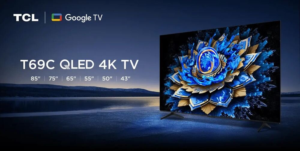Telewizor TCL 55T69C - Obraz przedstawia dwa telewizory z serii T69C QLED TV marki TCL, z przodu widoczny jest ekran z niebieskim kwiatem, a z tyłu obudowa telewizora. Na obrazie znajduje się tekst: \'TCL Worldwide Olympic Partner\' oraz \'T69C QLED TV 85\