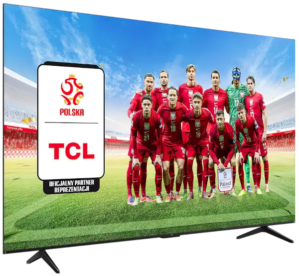 Telewizor TCL 55T69C - Telewizor wyświetla obraz dużego, niebieskiego kwiatu z żółtym środkiem na ciemnym tle. Kwiat jest szczegółowo odwzorowany, z widocznymi kroplami wody na płatkach.