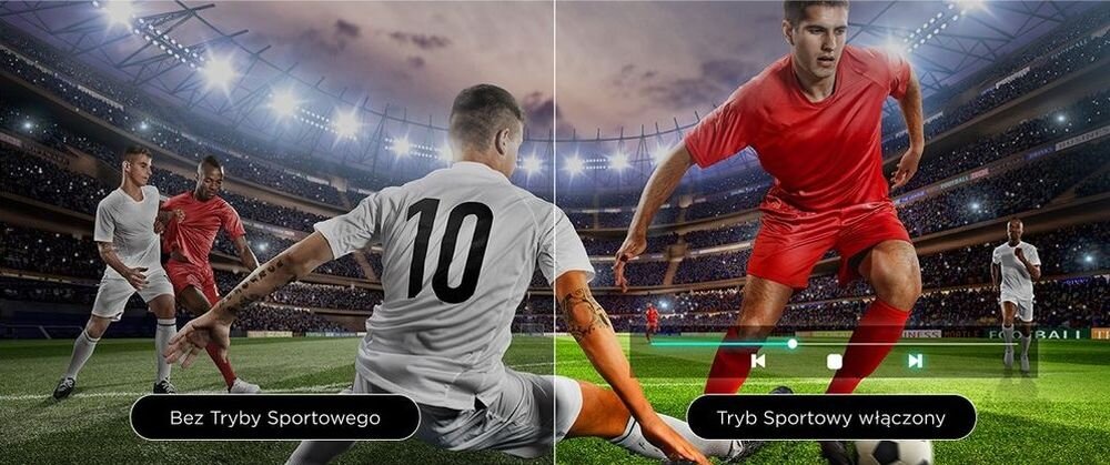 Telewizor TCL 40S5L Sports Mode żywe kolory murawy i wyraźny ruch w transmisjach sportowych, mecz piłki noznej na stadionie sportowym