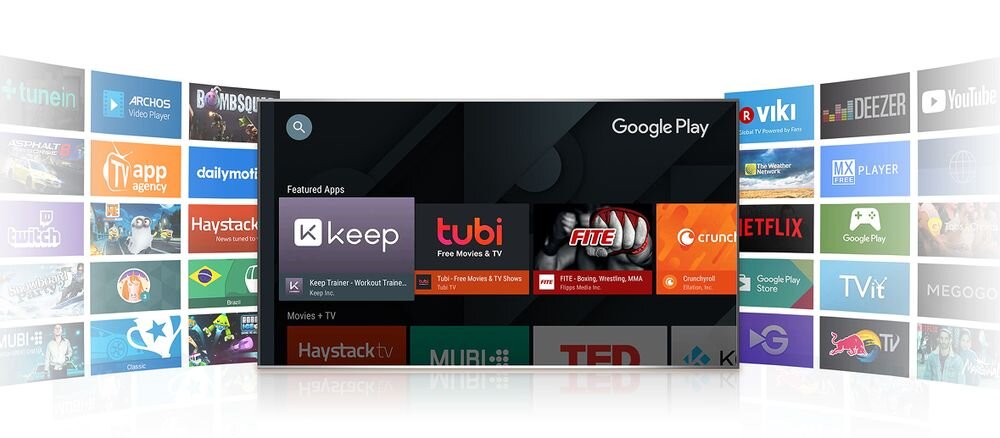 Telewizor TCL 40S5L Android TV aplikacje streamingowe i interfejs rozrywki online, telewizor od frontu na jasnym tle, kafelki platform streamingowych