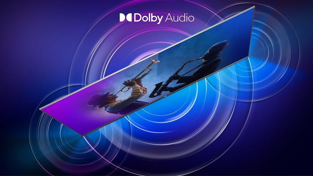 Telewizor TCL 32S5L Dolby Audio czysty dźwięk dialogi i przestrzenne brzmienie kina domowego, telewizor od góry na niebieskim tle