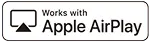 Prostokątna ikona z napisem \'Works with Apple AirPlay\' oraz symbolem ekranu z trójkątem skierowanym w górę.