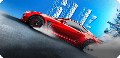 Czerwone auto sportowe w dynamicznym poślizgu na tle dużego, białego napisu 60Hz na błękitnym niebie
