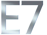 Stylizowany, srebrny logotyp serii E7 przedstawiony za pomocą minimalistycznych linii