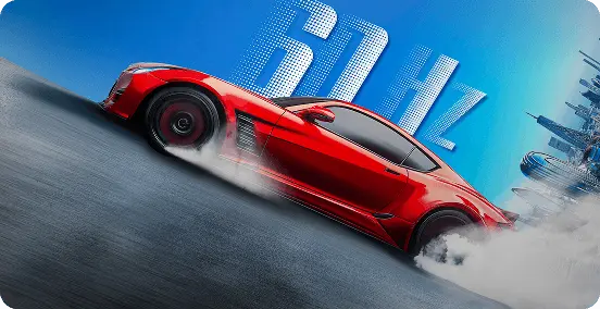 Czerwone auto sportowe w dynamicznym poślizgu na tle dużego napisu 60Hz na błękitnym niebie