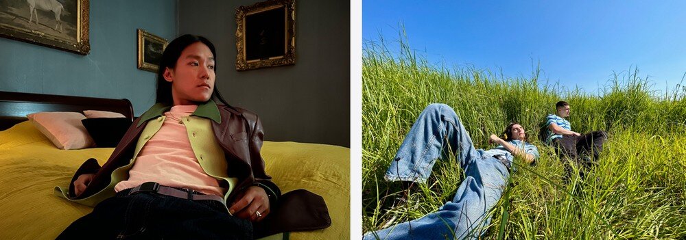Po lewej stronie osoba siedzi na łóżku w pokoju z obrazami na ścianie. Po prawej stronie dwie osoby leżą w wysokiej trawie pod błękitnym niebem.