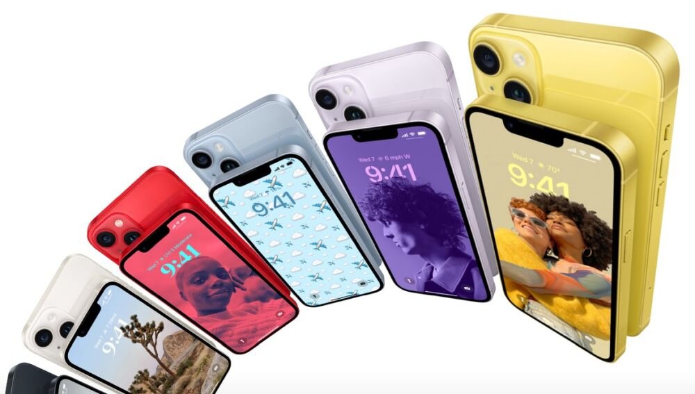 Smartfon APPLE iPhone 14    ekran bateria aparat procesor ram pamięć pojemność rozdzielczość zdjęcia filmy opis dane cechy blokady system łączność wifi bluetooth obudowa szkło odporność porty muzyka transfer sieć przekątna matryca waga czujniki