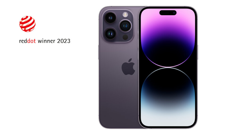 Smartfon w kolorze głębokiej purpury z trzema aparatami z tyłu i wyświetlaczem z zaokrąglonymi rogami. Obok widoczne jest logo \'reddot winner 2023\'.