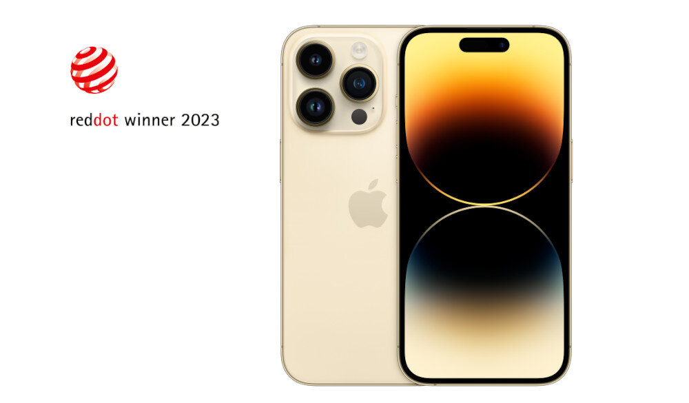 Na obrazie widoczny jest złoty smartfon z trzema aparatami z tyłu i wyświetlaczem z gradientowym tłem. Obok znajduje się logo \'reddot winner 2023\'.