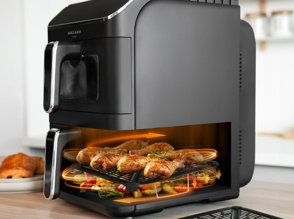 Air Fryer Frytkownica beztłuszczowa MOZANO AirTower Duo frytkownica bokiem, w użyciu, nienagrzewający się uchywt, antypoślizgowe nóżki