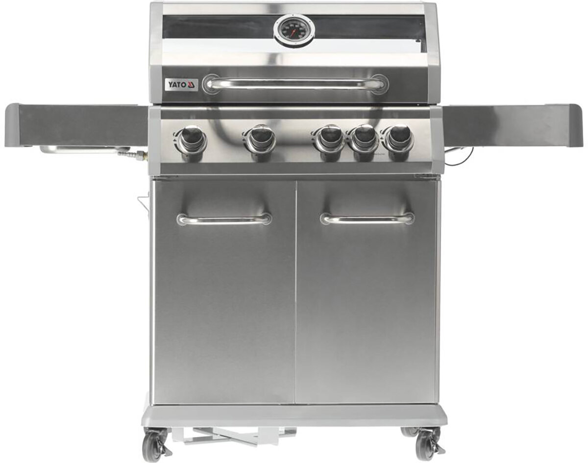 Na zdjęciu widoczny jest stalowy grill gazowy z pięcioma pokrętłami i termometrem na pokrywie. Logo \'YATO\' znajduje się na froncie urządzenia.
